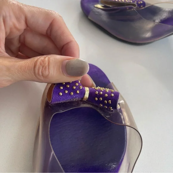 Vintage Onex Purple Gold Clear Studded Bow Retro Slingback Heels 80s 90s Size 9 - Picture 9 of 10